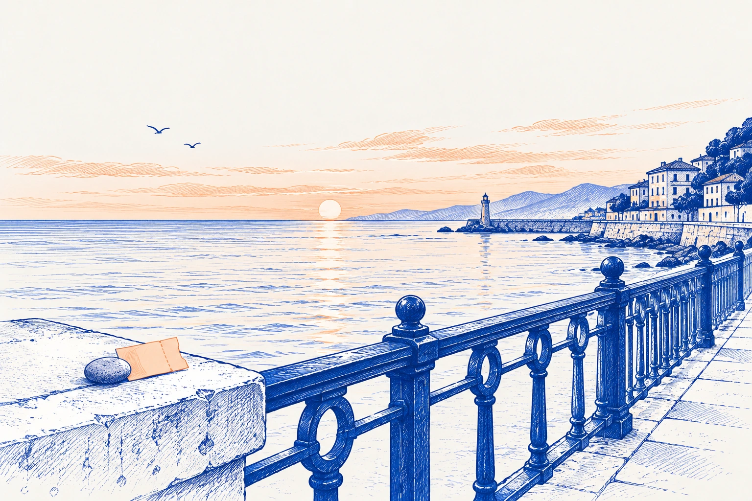 海岸长廊与随身物件组成的旅行意象插画，真实旅行照片待补。