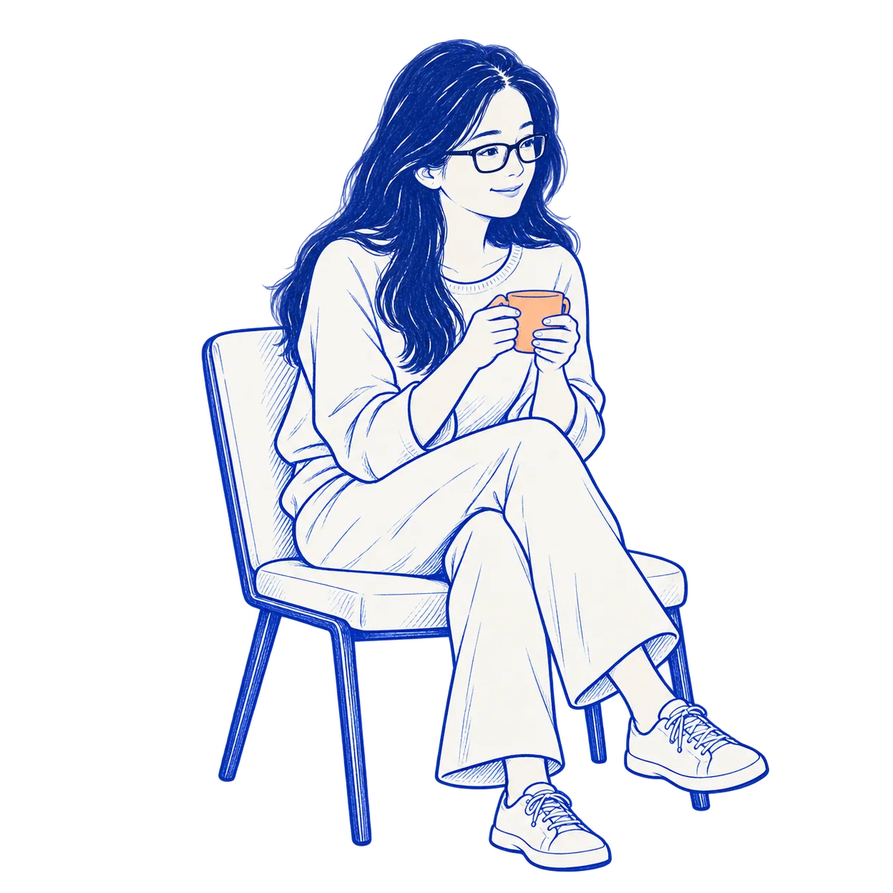 左小一捧着杯子,坐着听朋友说话。人物插画。