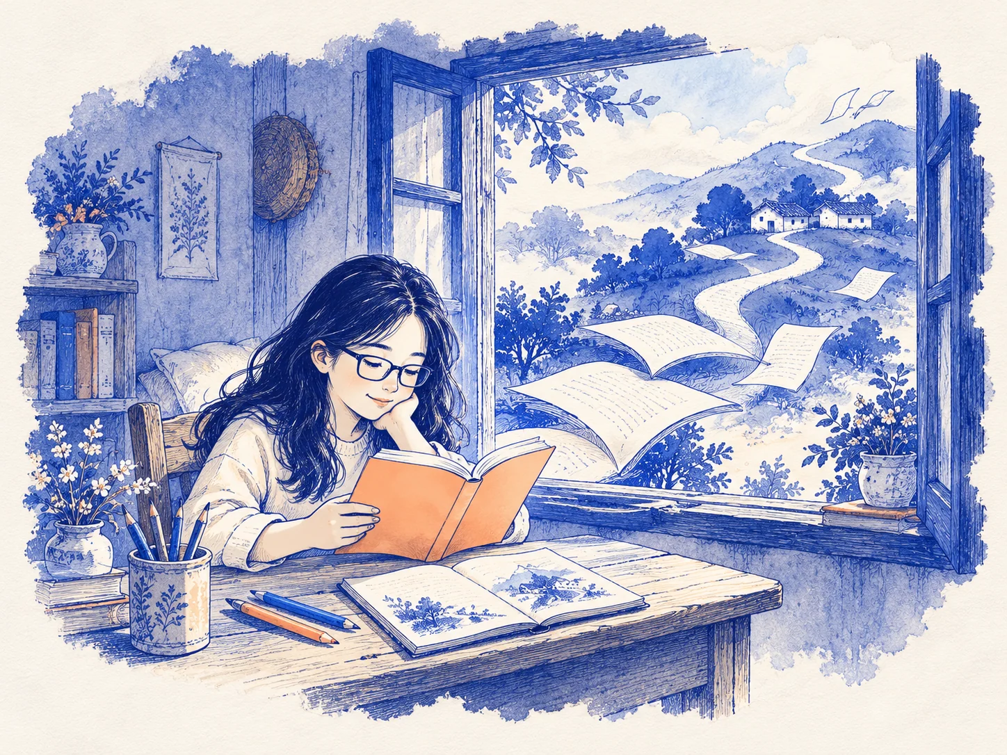 女孩在蓝色窗边读小说,画纸和书页把想象带向窗外。童年场景插画。