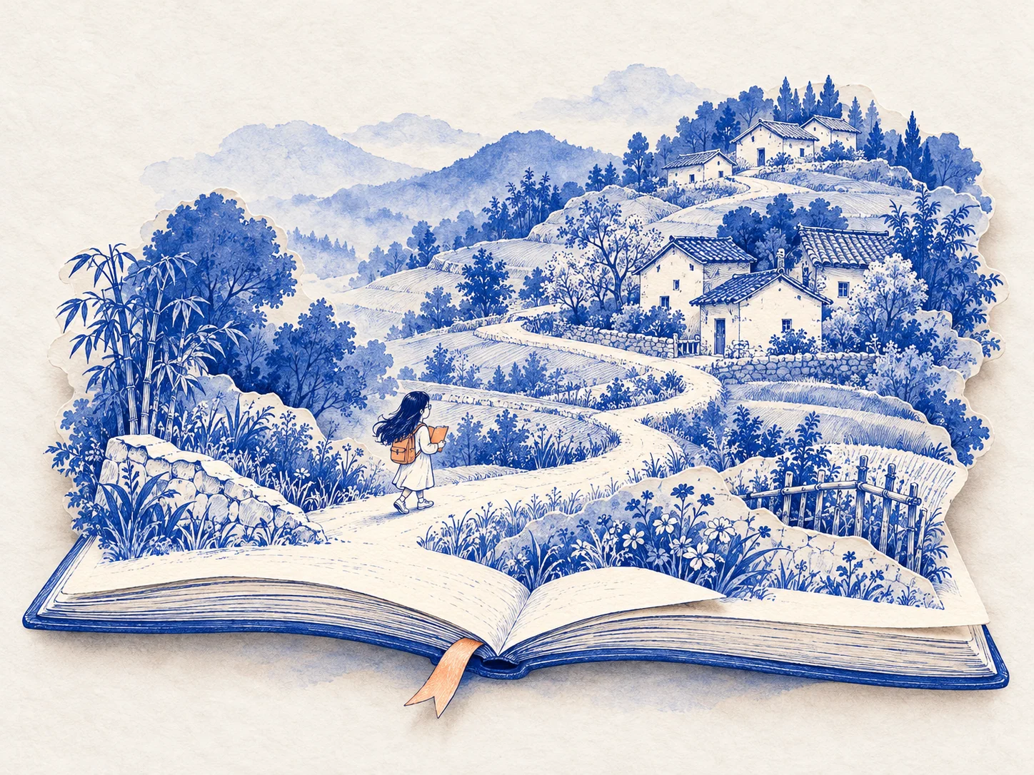 蓝色山坡上的安徽村落,小女孩沿着小路向外走。童年场景插画。